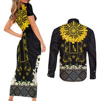 Flores de Mayo and Filipino Fiesta Couples Matching Short Sleeve Bodycon Dress and Long Sleeve Button Shirt The Sun-Jasmine and Polynesian Yakan Tattoo Barong Style