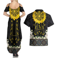 Flores de Mayo and Filipino Fiesta Couples Matching Summer Maxi Dress and Hawaiian Shirt The Sun-Jasmine and Polynesian Yakan Tattoo Barong Style