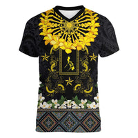 Flores de Mayo and Filipino Fiesta Women V-Neck T-Shirt The Sun-Jasmine and Polynesian Yakan Tattoo Barong Style