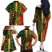 Aotearoa Reggae Family Matching Off The Shoulder Long Sleeve Dress and Hawaiian Shirt Maori Reggae-One Love