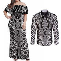 Aotearoa Tukutuku and Poutama Motif Classic Couples Matching Off Shoulder Maxi Dress and Long Sleeve Button Shirt