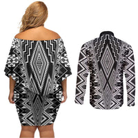 Aotearoa Tukutuku and Poutama Motif Classic Couples Matching Off Shoulder Short Dress and Long Sleeve Button Shirt