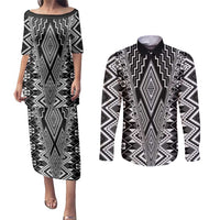 Aotearoa Tukutuku and Poutama Motif Classic Couples Matching Puletasi and Long Sleeve Button Shirt