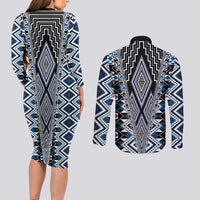 Blue Aotearoa Tukutuku and Poutama Motif Couples Matching Long Sleeve Bodycon Dress and Long Sleeve Button Shirt