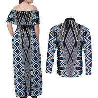 Blue Aotearoa Tukutuku and Poutama Motif Couples Matching Off Shoulder Maxi Dress and Long Sleeve Button Shirt