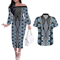 Blue Aotearoa Tukutuku and Poutama Motif Couples Matching Off The Shoulder Long Sleeve Dress and Hawaiian Shirt