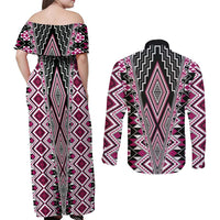 Pink Aotearoa Tukutuku and Poutama Motif Couples Matching Off Shoulder Maxi Dress and Long Sleeve Button Shirt