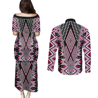 Pink Aotearoa Tukutuku and Poutama Motif Couples Matching Puletasi and Long Sleeve Button Shirt