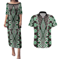 Green Aotearoa Tukutuku and Poutama Motif Couples Matching Puletasi and Hawaiian Shirt