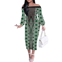 Green Aotearoa Tukutuku and Poutama Motif Family Matching Off The Shoulder Long Sleeve Dress and Hawaiian Shirt
