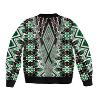 Green Aotearoa Tukutuku and Poutama Motif Sleeve Zip Bomber Jacket