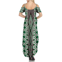 Green Aotearoa Tukutuku and Poutama Motif Summer Maxi Dress