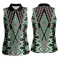 Green Aotearoa Tukutuku and Poutama Motif Women Sleeveless Polo Shirt