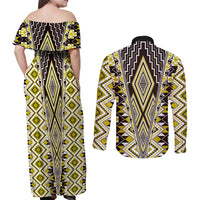 Yellow Aotearoa Tukutuku and Poutama Motif Couples Matching Off Shoulder Maxi Dress and Long Sleeve Button Shirt