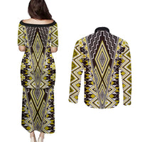 Yellow Aotearoa Tukutuku and Poutama Motif Couples Matching Puletasi and Long Sleeve Button Shirt