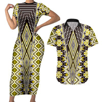 Yellow Aotearoa Tukutuku and Poutama Motif Couples Matching Short Sleeve Bodycon Dress and Hawaiian Shirt