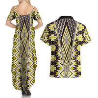 Yellow Aotearoa Tukutuku and Poutama Motif Couples Matching Summer Maxi Dress and Hawaiian Shirt