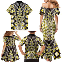 Yellow Aotearoa Tukutuku and Poutama Motif Family Matching Mermaid Dress and Hawaiian Shirt
