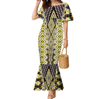 Yellow Aotearoa Tukutuku and Poutama Motif Family Matching Mermaid Dress and Hawaiian Shirt