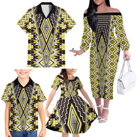 Yellow Aotearoa Tukutuku and Poutama Motif Family Matching Off The Shoulder Long Sleeve Dress and Hawaiian Shirt