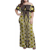 Yellow Aotearoa Tukutuku and Poutama Motif Family Matching Off Shoulder Maxi Dress and Hawaiian Shirt