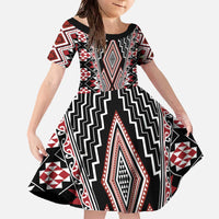 Red Aotearoa Tukutuku and Poutama Motif Family Matching Off The Shoulder Long Sleeve Dress and Hawaiian Shirt