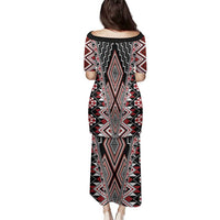 Red Aotearoa Tukutuku and Poutama Motif Family Matching Puletasi and Hawaiian Shirt