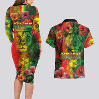 Hawaiian Reggae Couples Matching Long Sleeve Bodycon Dress and Hawaiian Shirt Tropical Plants and Tribal Kakau Tattoo-One Love Jawaiian