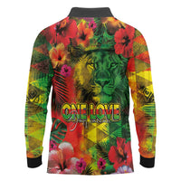 Hawaiian Reggae Long Sleeve Polo Shirt Tropical Plants and Tribal Kakau Tattoo-One Love Jawaiian