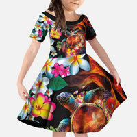 Hawaiian Lei Day Family Matching Off The Shoulder Long Sleeve Dress and Hawaiian Shirt Colorful Plumeria and Volcanic Turtle with Abstract Lava Texture