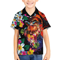 Hawaiian Lei Day Family Matching Off Shoulder Short Dress and Hawaiian Shirt Colorful Plumeria and Volcanic Turtle with Abstract Lava Texture