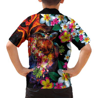 Hawaiian Lei Day Family Matching Tank Maxi Dress and Hawaiian Shirt Colorful Plumeria and Volcanic Turtle with Abstract Lava Texture