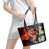 Hawaiian Lei Day Leather Tote Bag Colorful Plumeria and Volcanic Turtle with Abstract Lava Texture