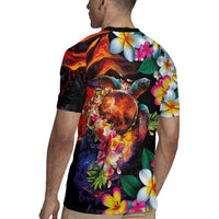 Hawaiian Lei Day Rugby Jersey Colorful Plumeria and Volcanic Turtle with Abstract Lava Texture