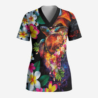 Hawaiian Lei Day Scrub Top Colorful Plumeria and Volcanic Turtle with Abstract Lava Texture LT03 Adult Black - Polynesian Pride