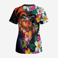 Hawaiian Lei Day Scrub Top Colorful Plumeria and Volcanic Turtle with Abstract Lava Texture LT03 - Polynesian Pride