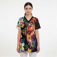 Hawaiian Lei Day Scrub Top Colorful Plumeria and Volcanic Turtle with Abstract Lava Texture LT03 - Polynesian Pride