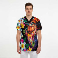 Hawaiian Lei Day Scrub Top Colorful Plumeria and Volcanic Turtle with Abstract Lava Texture LT03 - Polynesian Pride