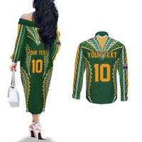Custom Cook Islands Rugby League Couples Matching Off The Shoulder Long Sleeve Dress and Long Sleeve Button Shirt Tatau Tribal Pattern-Special Edition Green Color