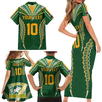 Custom Cook Islands Rugby League Family Matching Short Sleeve Bodycon Dress and Hawaiian Shirt Tatau Tribal Pattern-Special Edition Green Color
