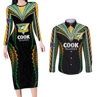 Custom Cook Islands Rugby League Couples Matching Long Sleeve Bodycon Dress and Long Sleeve Button Shirt Tatau Tribal Pattern-Special Edition Black Color