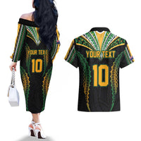 Custom Cook Islands Rugby League Couples Matching Off The Shoulder Long Sleeve Dress and Hawaiian Shirt Tatau Tribal Pattern-Special Edition Black Color
