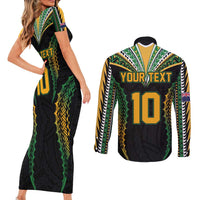 Custom Cook Islands Rugby League Couples Matching Short Sleeve Bodycon Dress and Long Sleeve Button Shirt Tatau Tribal Pattern-Special Edition Black Color