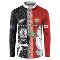 Custom Tonga and New Zealand Rugby Button Sweatshirt Maori Mix Ngatu Pattern LT03 Black - Polynesian Pride