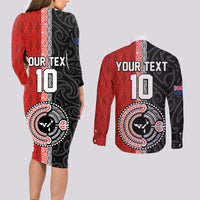 Custom Tonga and New Zealand Rugby Couples Matching Long Sleeve Bodycon Dress and Long Sleeve Button Shirt Maori Mix Ngatu Pattern