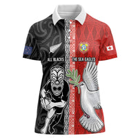 Custom Tonga and New Zealand Rugby Women Polo Shirt Maori Mix Ngatu Pattern