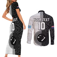 Custom Fiji and New Zealand Rugby Couples Matching Short Sleeve Bodycon Dress and Long Sleeve Button Shirt Tapa Mix Maori Pattern