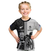 Custom Fiji and New Zealand Rugby Kid T Shirt Tapa Mix Maori Pattern LT03 Black - Polynesian Pride
