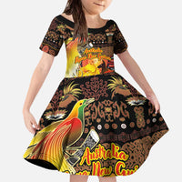 Personalized Australia and Papua New Guinea Together Family Matching Off The Shoulder Long Sleeve Dress and Hawaiian Shirt Kangaroo Aboriginal Art and Bird-of-paradise Oro Tribal Motifs LT03 Daughter's Dress Black - Polynesian Pride