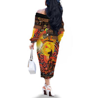 Personalized Australia and Papua New Guinea Together Family Matching Off The Shoulder Long Sleeve Dress and Hawaiian Shirt Kangaroo Aboriginal Art and Bird-of-paradise Oro Tribal Motifs LT03 - Polynesian Pride
